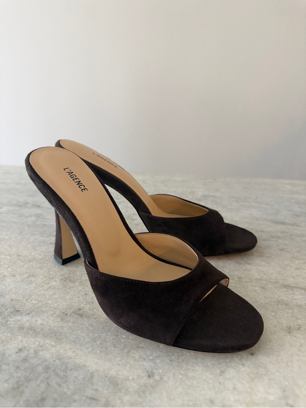 L'AGENCE Dark Brown Suede Open-Toe Lola Mules